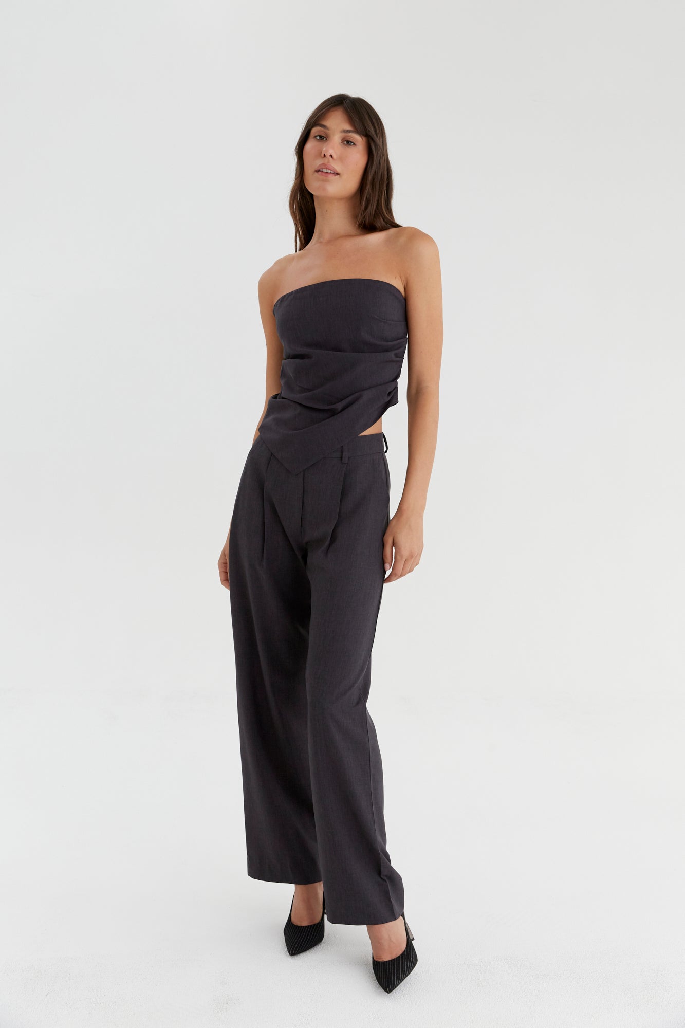 MIEW Camille Grey Pleated Top Asymmetrical Australian Made Full
